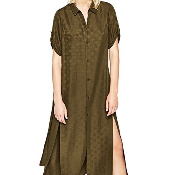 NWT Zara Green Khaki Satin Star Print Shirt Dress - Picture 4 of 8